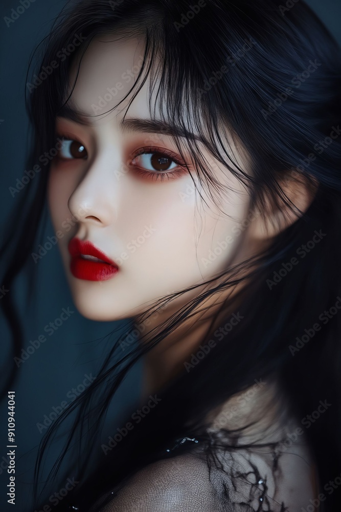 Fototapeta premium A woman with long black hair and red lipstick