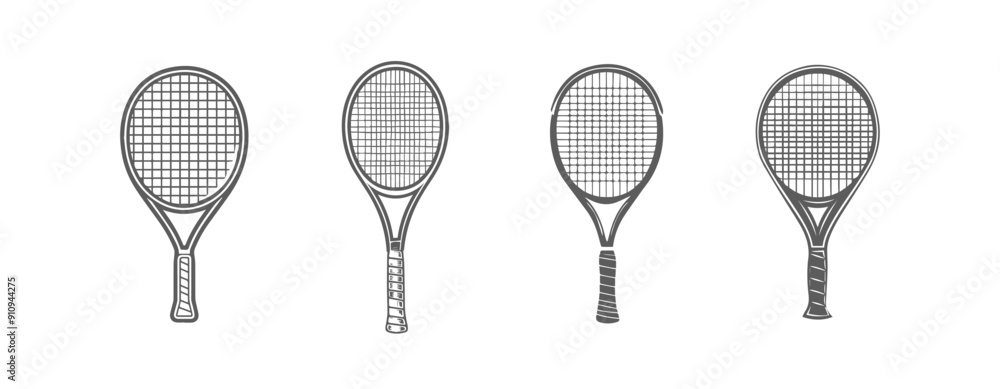 Set of four stylized tennis rackets with various grip designs. Set of four stylized tennis rackets with various grip designs.