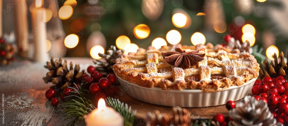 Festive Christmas pie displayed against a backdrop featuring a Christmas tree twinkling candles and softly blurred lights creating a warm and inviting copy space image