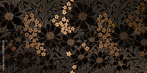 Gold Metallic Contour Flowers and Leaves on Black Background. Luxurious Art Deco Wallpaper Design for Print, Poster, Cover, Banner, Invitation, Package, Beauty Products.