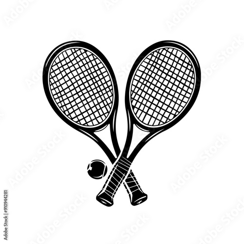 Crossed tennis rackets and ball in black and white, minimal style.