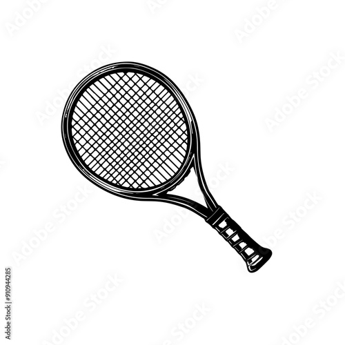 Monochrome tennis racket illustration with detailed grip and netting.