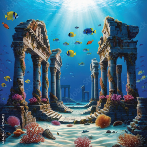 Ancient ruins submerged under water.