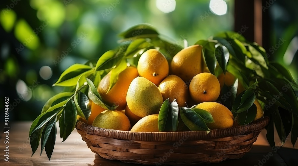 Basket of fresh mangos with leaves. Basket of fresh mangos with leaves.