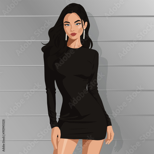 Beautiful young woman in a short black dress with long sleeves.Fashion illustration, flat vector. No artificial intelligence was used to create the illustration. 
