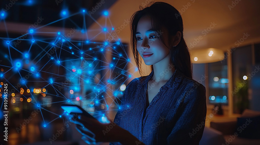 Smart home management with AI, model receiving commands on phone, high resolution Smart home management with AI, model receiving commands on phone, high resolution