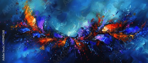 Vivid abstract painting with bold colors in blue, red, and orange, creating a dynamic and vibrant visual impact.