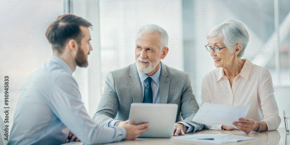Obraz premium Financial Advisor Discussing Retirement Savings with a Couple, Surrounded by Pension Fund Documents and Graphs 