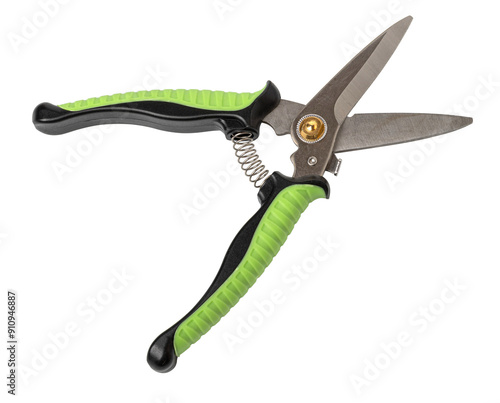 Green garden secateur isolated on a white background. Pruning shears. Top view..