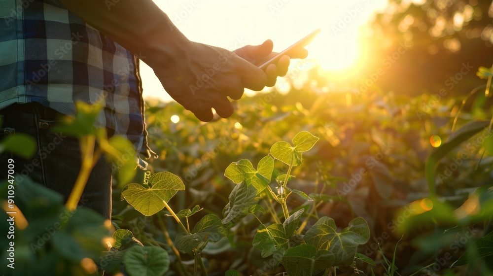 Fototapeta premium Farmer Using Smartphone in a Field at Sunset