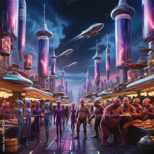 A sprawling neon lit city with diverse alien species and skycrapers.