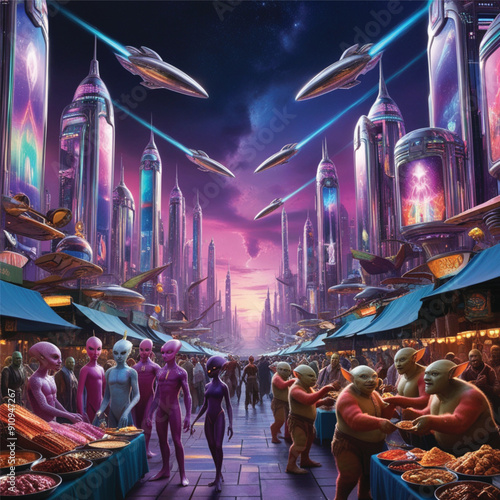 A sprawling neon lit city with diverse alien species and skycrapers.