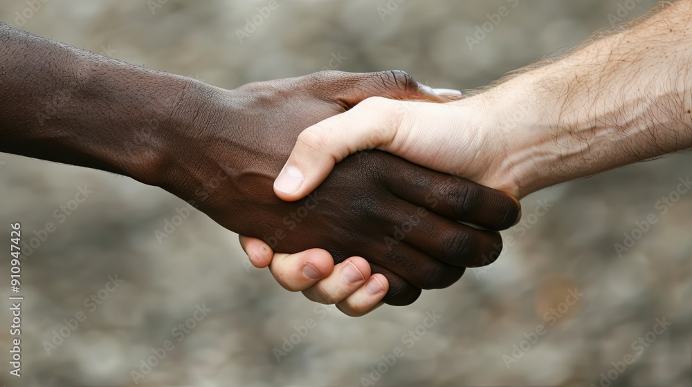 Close-up of the hands of a European and an African man shaking each other Close-up of the hands of a European and an African man shaking each other