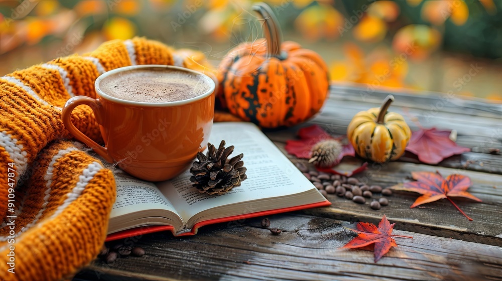 A cup of aromatic latte with autumn leaves, acorn, pumpkin and cinnamon A cup of aromatic latte with autumn leaves, acorn, pumpkin and cinnamon