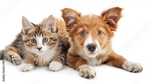 Friendship between dog and cat on isolated background