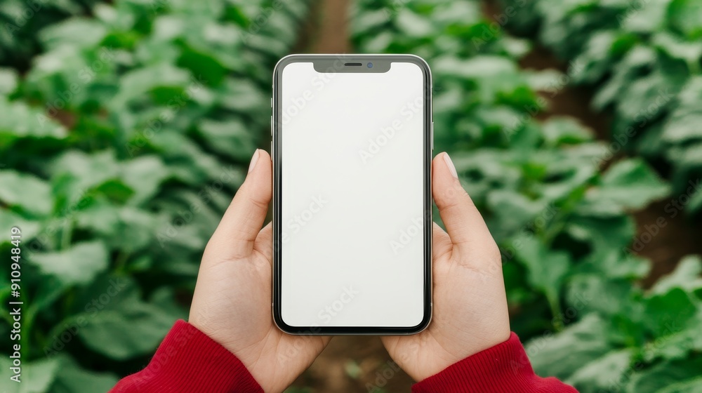 Connecting with Nature's Canvas: A smartphone with a blank white screen takes centre stage amidst rows of vibrant green crops, held by a farmer in a red jacket. Connecting with Nature's Canvas: A smartphone with a blank white screen takes centre stage amidst rows of vibrant green crops, held by a farmer in a red jacket.