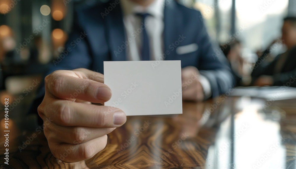 A welldressed man in a refined suit and tie is confidently holding a business card in his hand A welldressed man in a refined suit and tie is confidently holding a business card in his hand
