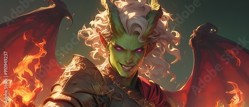 Hyper realistic highly detailed very striking androgynous greenskinned tiefling with violet dragon eyes and a fierce smile He has wavy shoulderlength white hair with spiral horns a photo