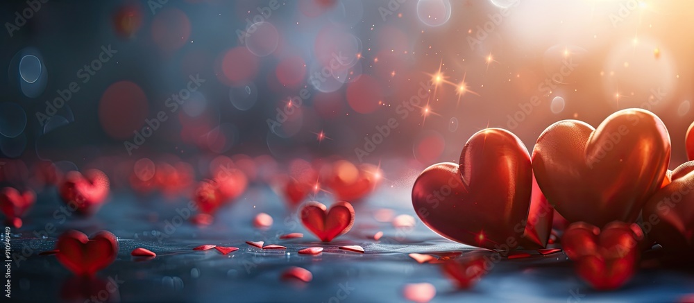 Red hearts on a dark background illuminated by sunlight with ample copy space for backgrounds Red hearts on a dark background illuminated by sunlight with ample copy space for backgrounds