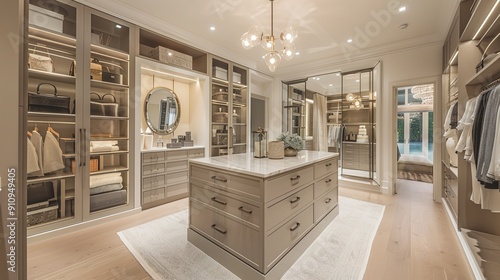 A luxurious walk-in closet with custom shelving, a center island for accessories, and elegant lighting.