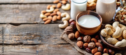 Variety of nuts and vegan milk displayed on wooden table with copy space image