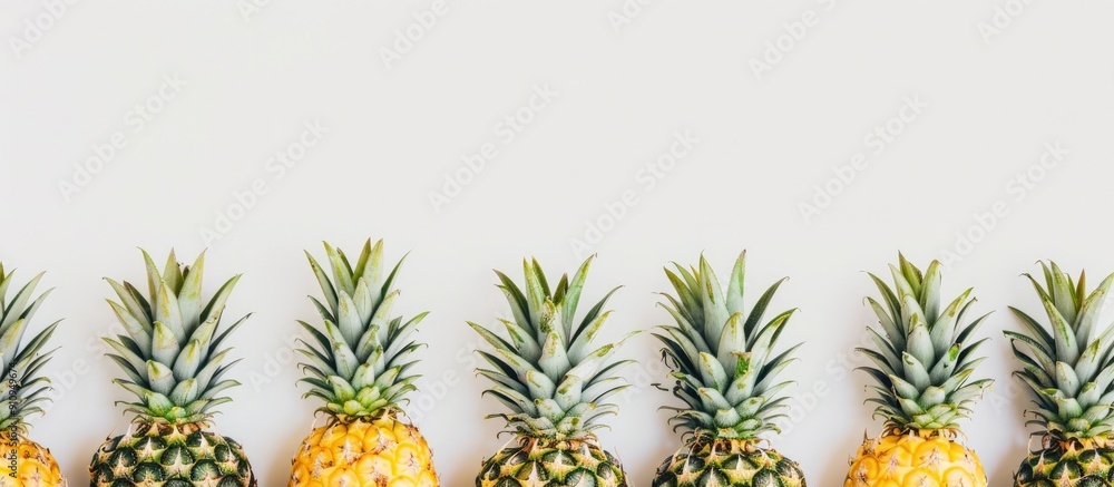 Fototapeta premium Fresh pineapples arranged in a neat stack with a white background perfect for a copy space image