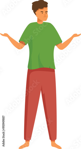 Young man is standing with his arms outstretched and a confused expression on his face, as if he doesn't know what to do