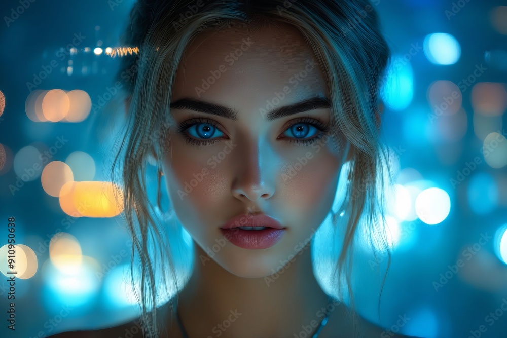 A woman with blue eyes in front of a city at night A woman with blue eyes in front of a city at night