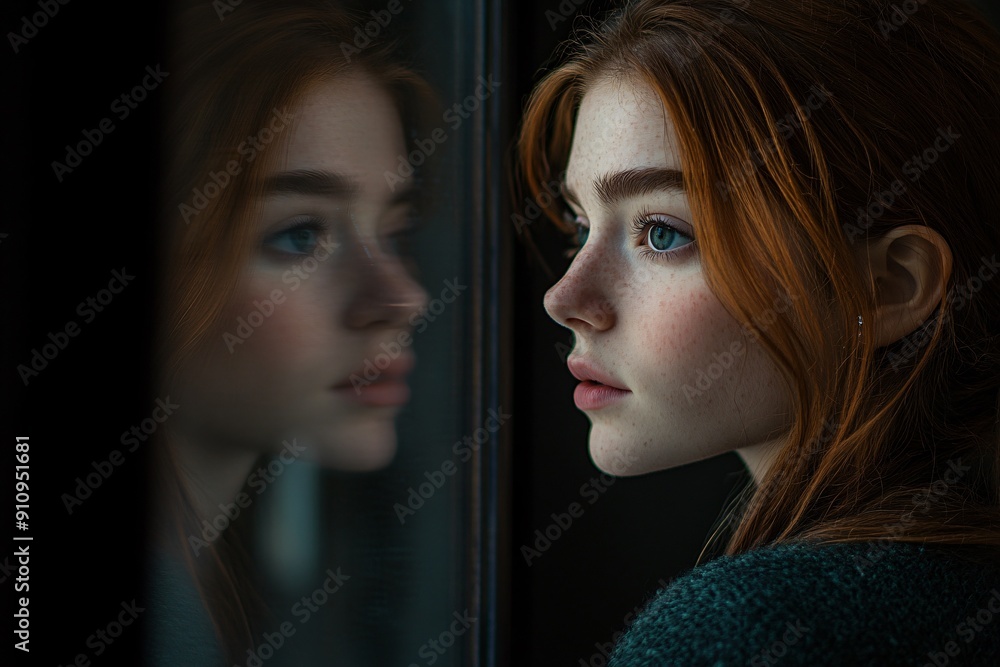 Woman looking into a mirror her expression one of self acceptance and pride exploring and embracing her true identity Woman looking into a mirror her expression one of self acceptance and pride exploring and embracing her true identity