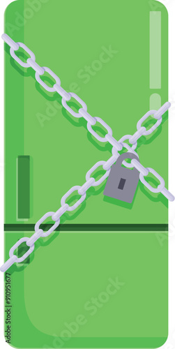 Green fridge is closed with chains and lock symbolizing diet, food safety or hunger