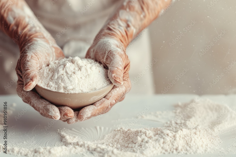Craftsperson holding bowl of flour while creating handmade jewelry in artisan workshop Craftsperson holding bowl of flour while creating handmade jewelry in artisan workshop