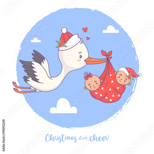 Christmas cute flying white stork and two twin babies girl and boy in Santa hat. Vector illustration. Funny cartoon bird kawaii and holiday arrival of infants. Cool Kids collection