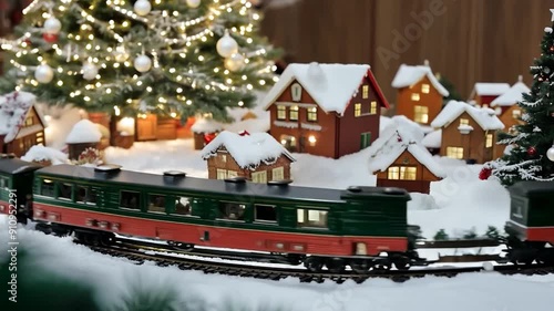 A small train moves through a winter village filled with snow-covered houses decorated for the holidays, all beneath a beautifully lit Christmas tree
