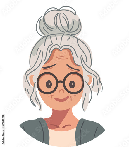 Portrait of a beautiful elderly gray-haired woman wearing round glasses