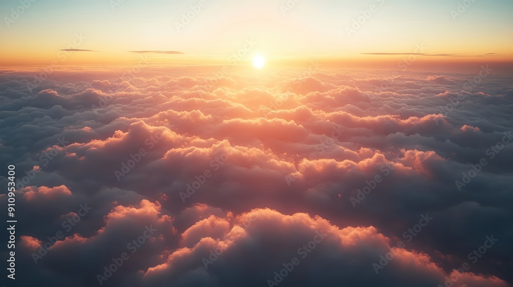 An enchanting scene from the aircraft window featuring the sky and big clouds in a warm golden glow An enchanting scene from the aircraft window featuring the sky and big clouds in a warm golden glow