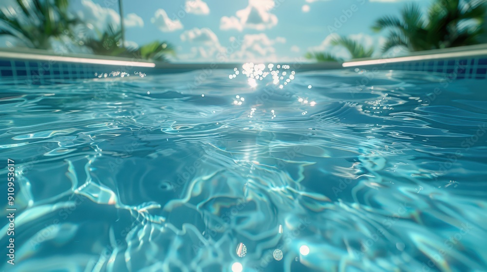 Fototapeta premium Closeup of sparkling pool water with palm trees and cloudy sky in background