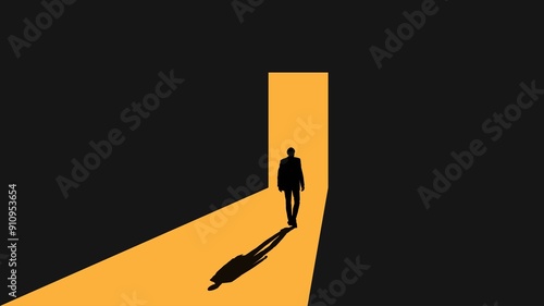 Silhouette of Businessman Entering Lit Door Passage in Darkness. Business people and concepts illustration