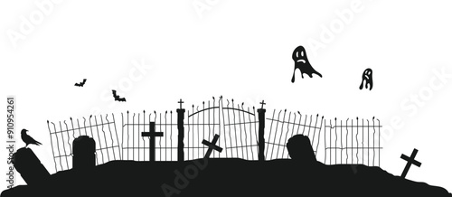 Silhouette of Graveyard Fence with Flying Ghosts. Seasonal national holiday concept vector