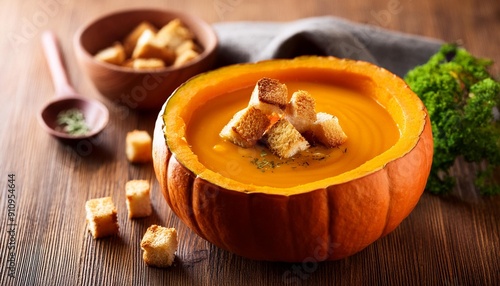 かぼちゃの器に入ったパンプキンスープ（Pumpkin soup in a pumpkin bowl）
 photo