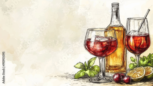 Alcoholic beverages sketch banner design. Champagne, cocktail, red wine, vermouth, brandy, whiskey, beer. Copy space, empty space for text. EPS 10. Vector illustration