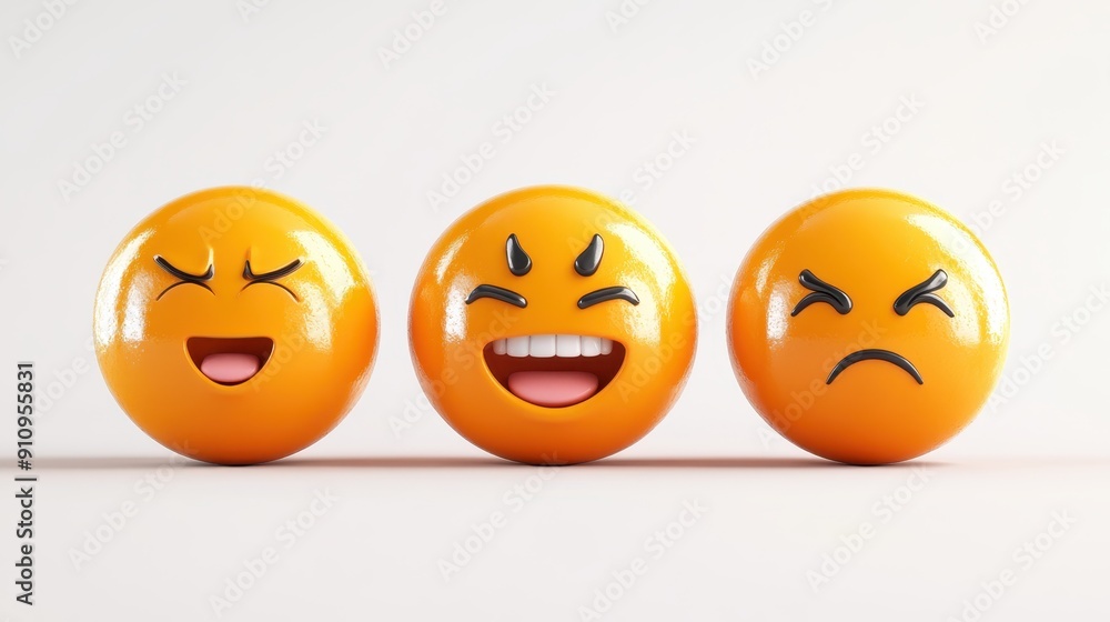 Obraz premium Set Icon Emoji of Yellow glossy 3d emotions face with Joy, happy and fun,sad,laugh,sleep,in love,Yellow balls with faces with different moods, Emotion expression, Vector illustration.