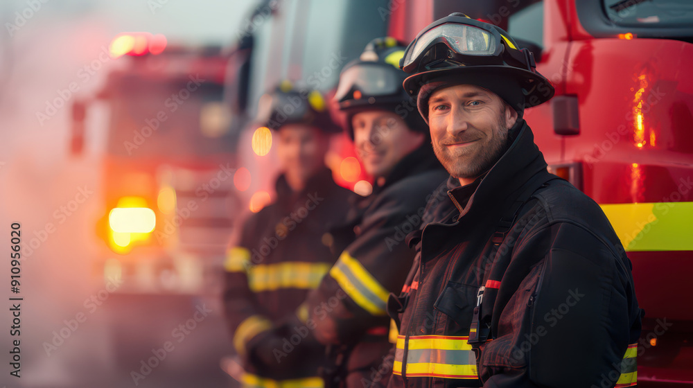 Fototapeta premium Portrait of firefighters in uniforms with fire truck in background at scene during dusk