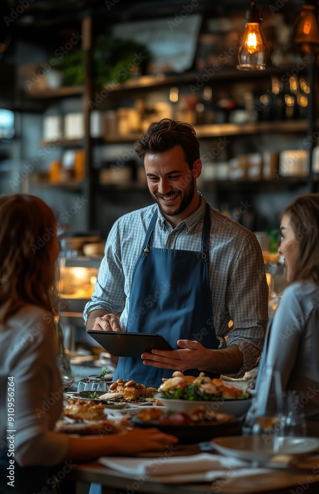 A cheerful waitress serves two young women at a cozy coffee shop with friendly service A cheerful waitress serves two young women at a cozy coffee shop with friendly service