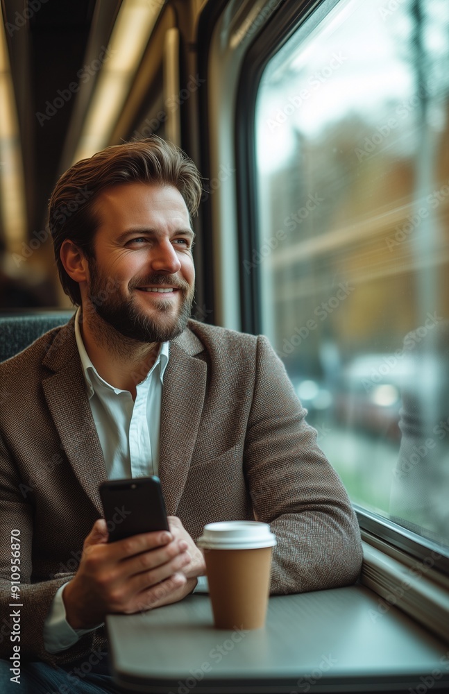 Businessman with phone and coffee, sitting by train window, heading to office, looking happy Businessman with phone and coffee, sitting by train window, heading to office, looking happy