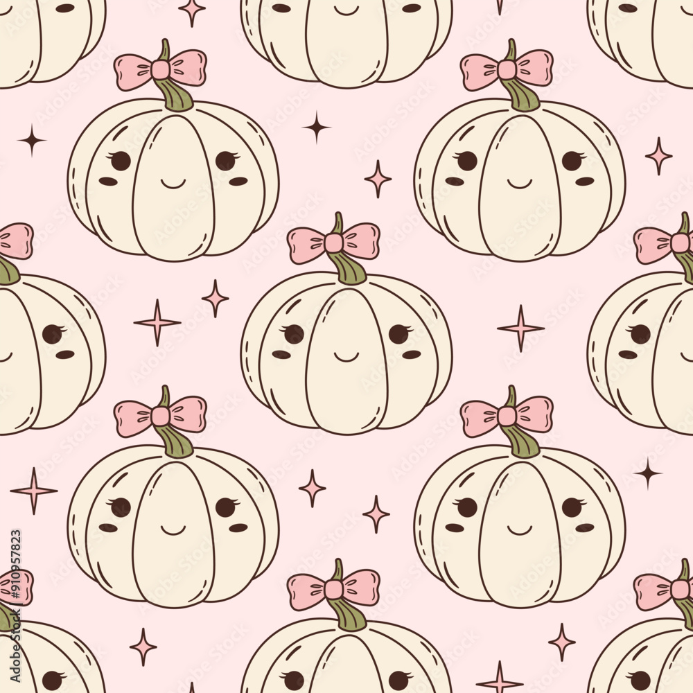 Seamless vector pattern with cute coquette pumpkins characters wearing ...