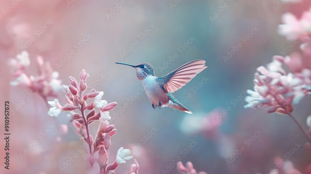 Hummingbird in Flight with Pink Flowers Hummingbird in Flight with Pink Flowers