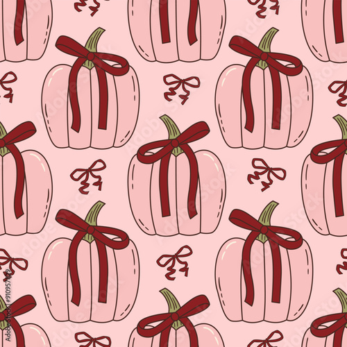 Seamless vector pattern with cute coquette pumpkins with burgundy bows. Pink halloween symbols on background. Autumn vegetables texture for wallpaper, wrapping paper, textile design