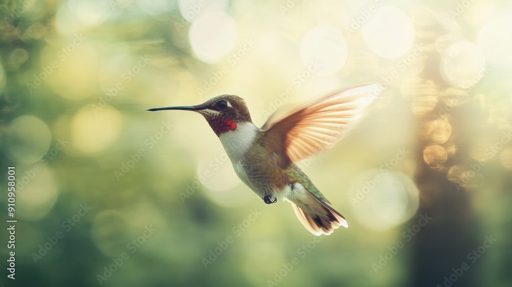 Fototapeta premium Hummingbird in Flight with Blurred Green and Yellow Background