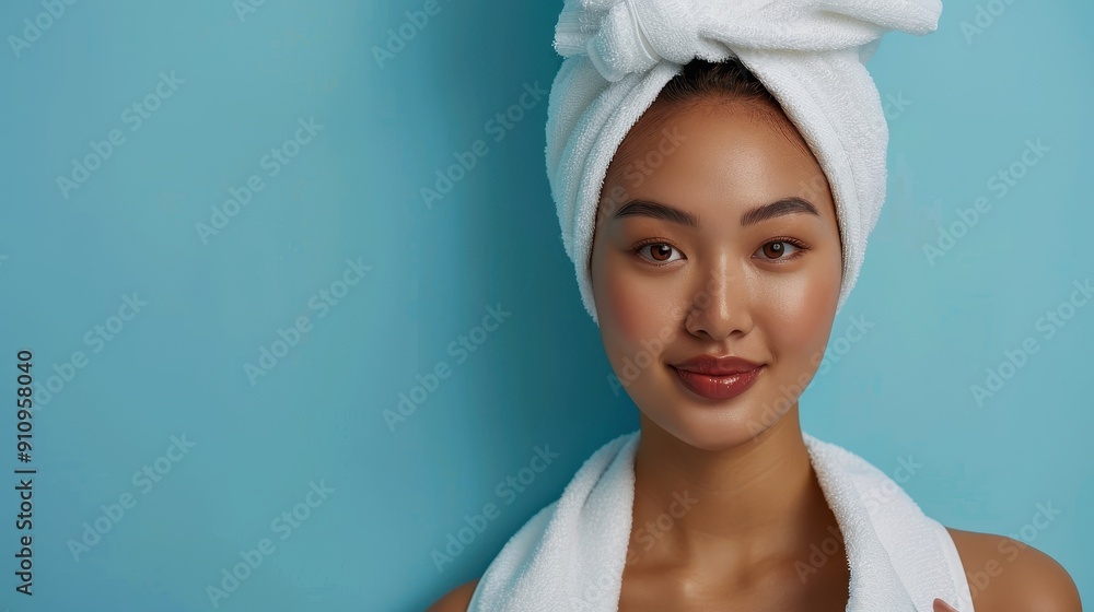 Asian beautiful woman with a white towel drying her hair after morning shower,happy lady in bathrobe on color studio background,spa day on vacation or weekend,copy space. Asian beautiful woman with a white towel drying her hair after morning shower,happy lady in bathrobe on color studio background,spa day on vacation or weekend,copy space.