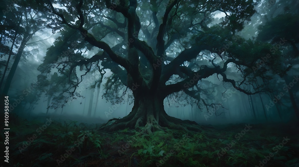 Lonely tree in a wide landscape in the middle of dusk and dark forest full of old trees in a blue dark theme Lonely tree in a wide landscape in the middle of dusk and dark forest full of old trees in a blue dark theme